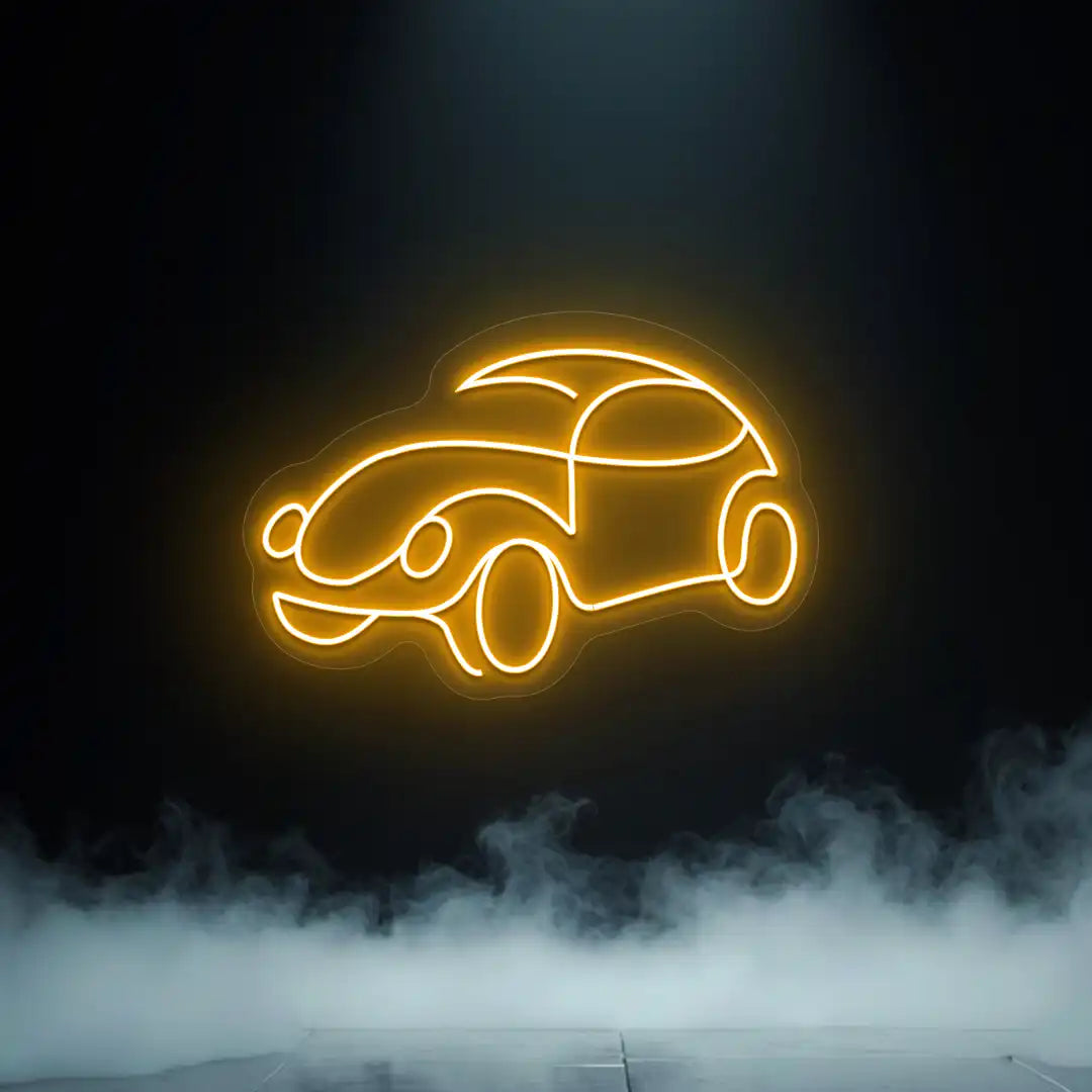 orange old school beetle car vintage neon sign mounted on a wall