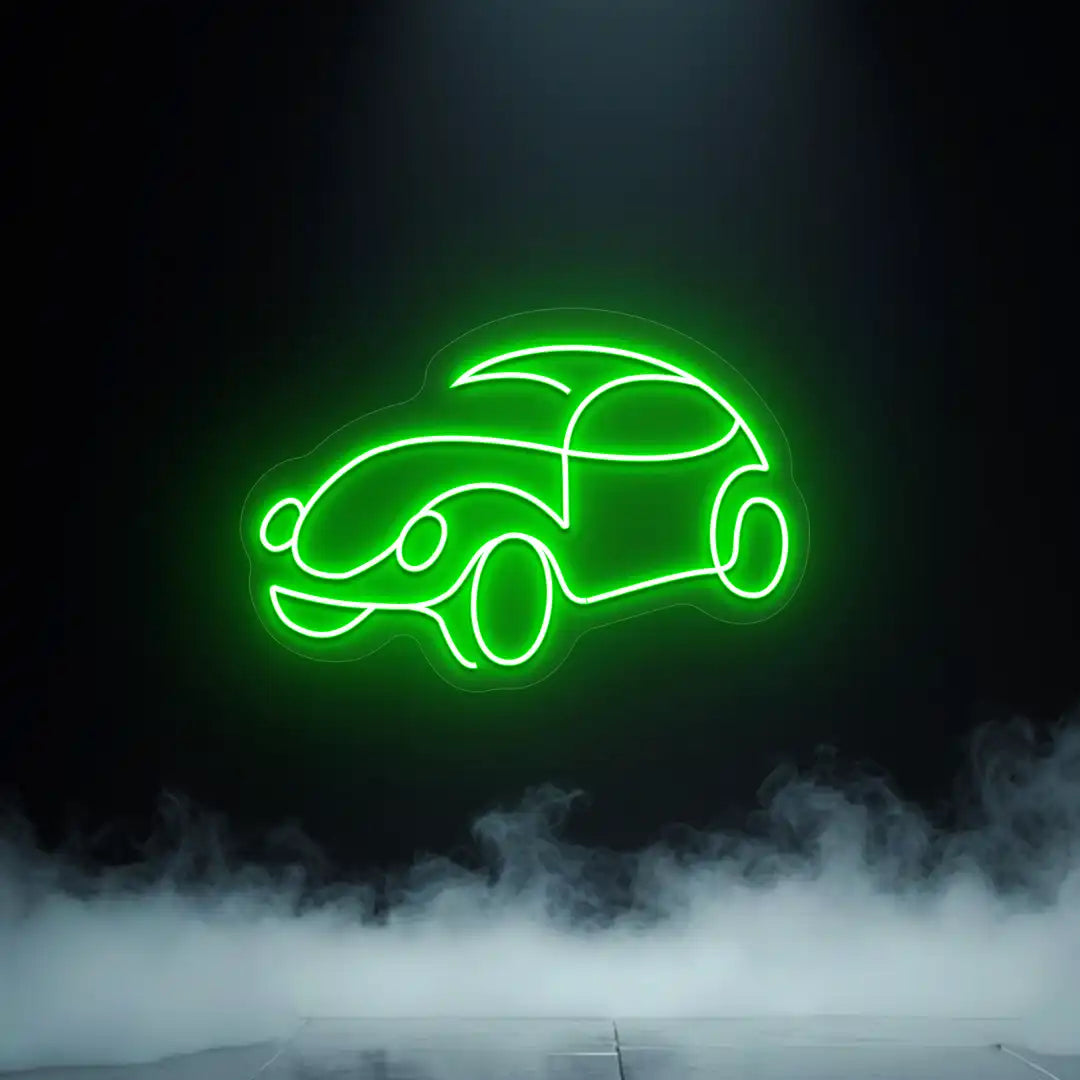 green old school beetle car vintage neon sign mounted on a wall