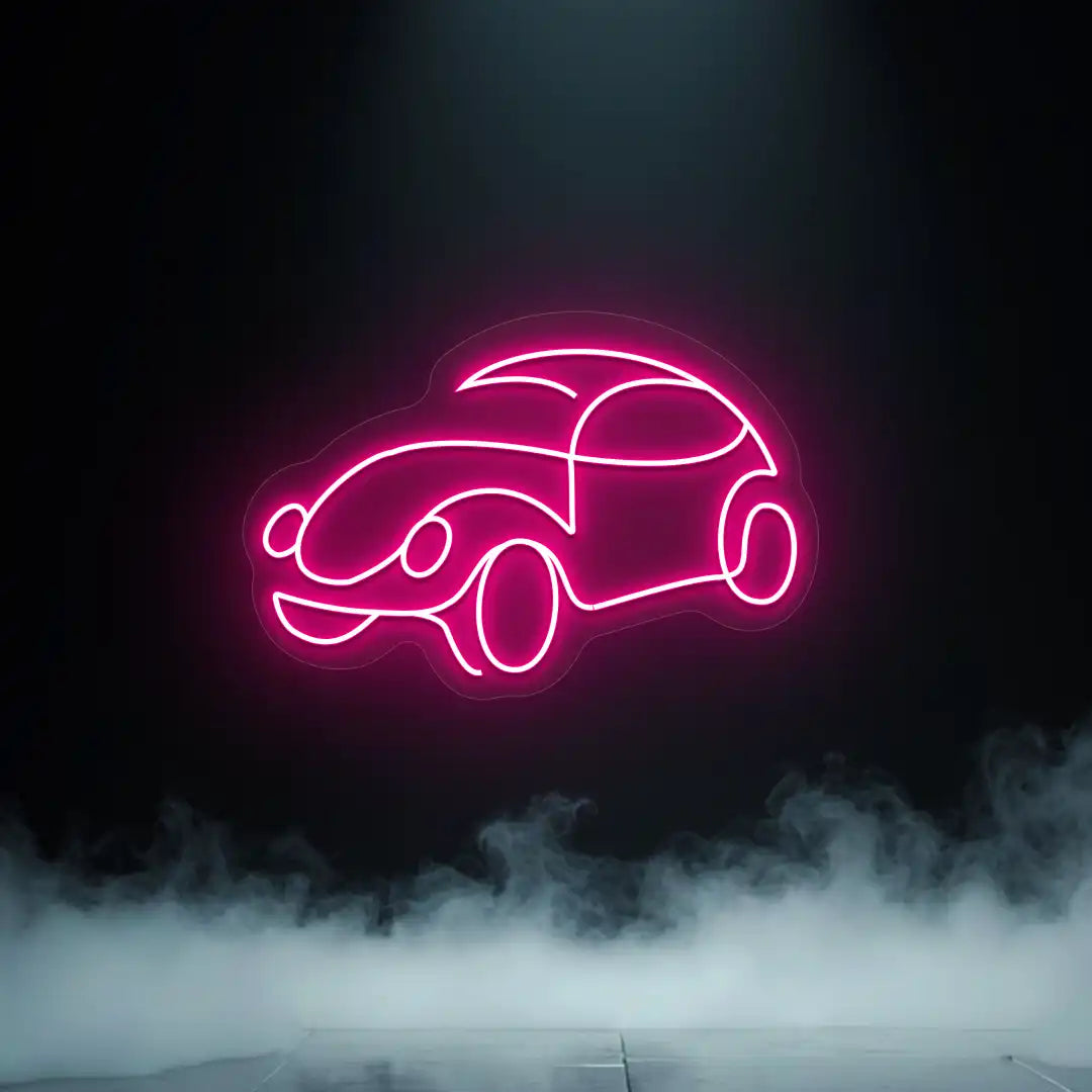 pink old school beetle car vintage neon sign mounted on a wall