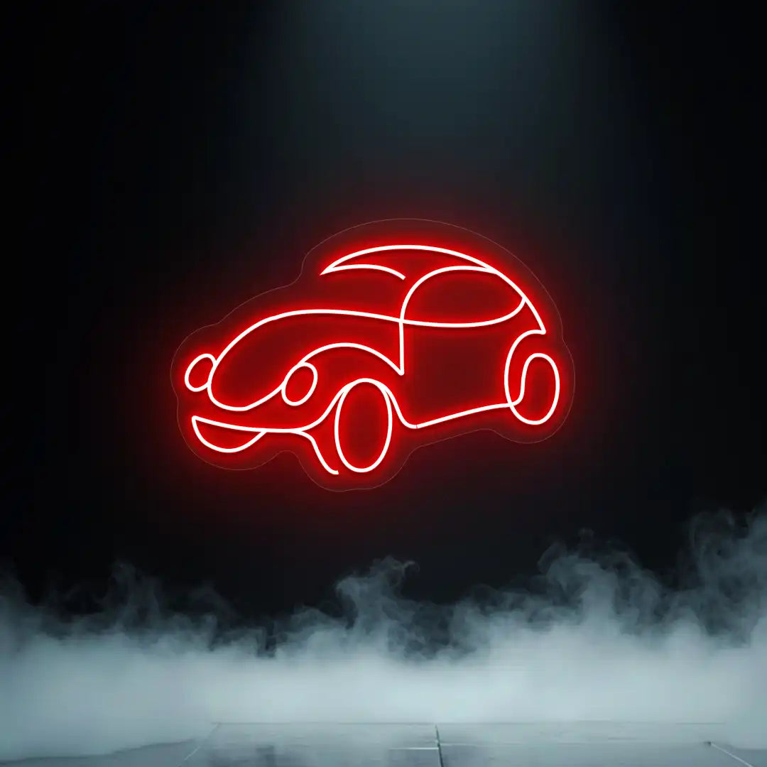 red old school beetle car vintage neon sign mounted on a wall