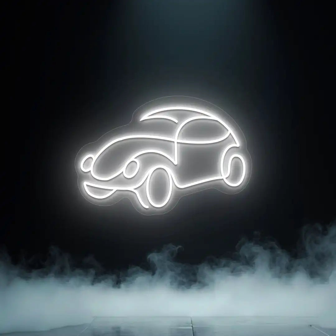 white old school beetle car vintage neon sign mounted on a wall