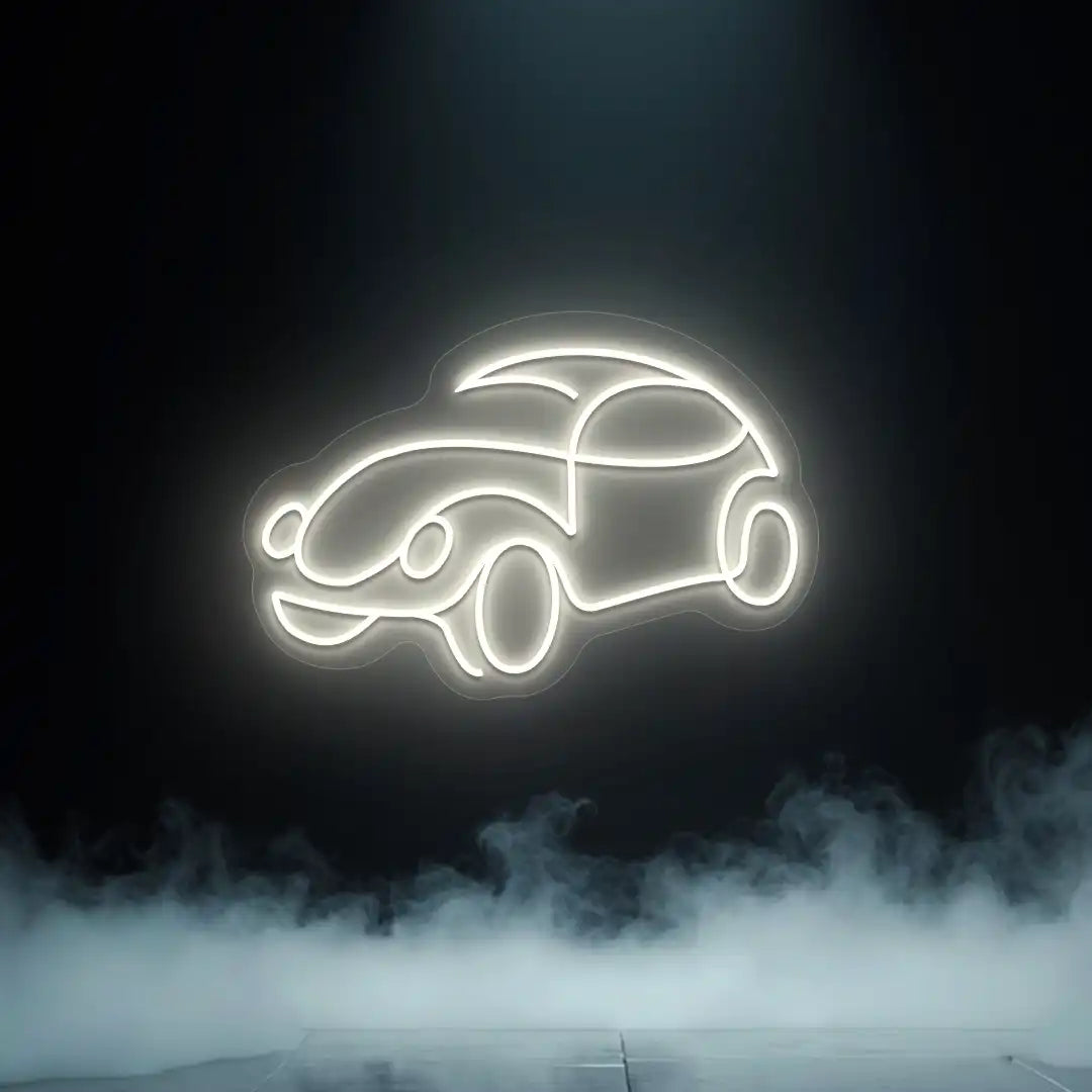 warm white old school beetle car vintage neon sign mounted on a wall