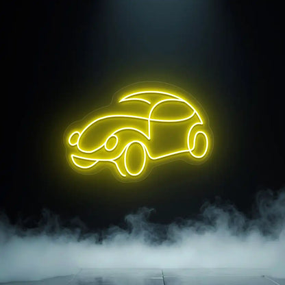 yellow old school beetle car vintage neon sign mounted on a wall