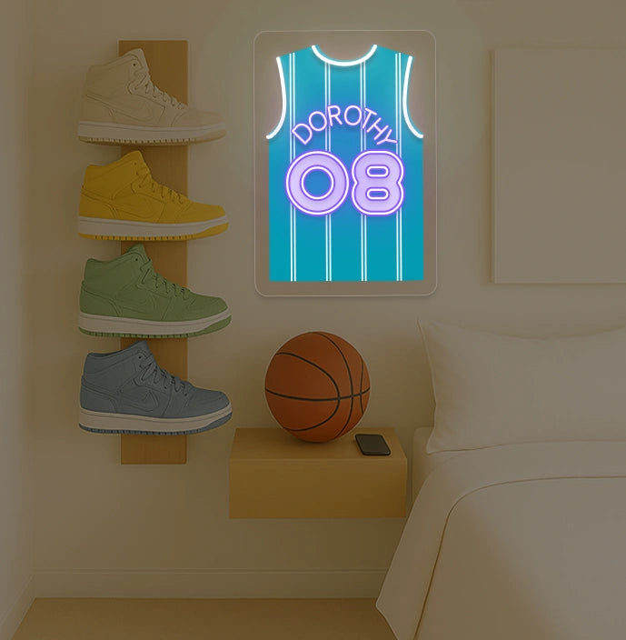Charlotte Hornets basketball jersey neon sign with DOROTHY 08 in purple and teal stripes, bedroom sneaker rack and basketball decor