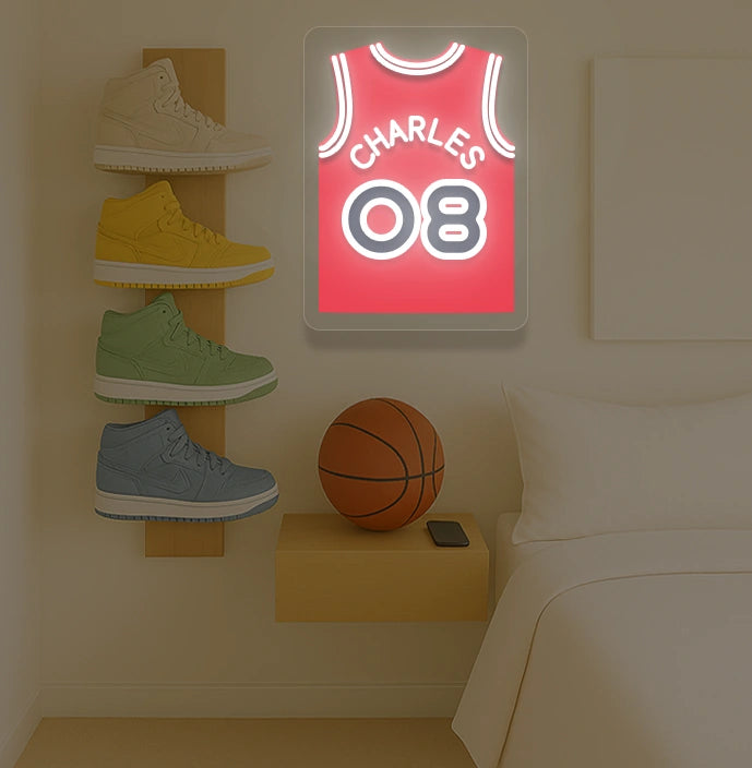 Chicago basketball jersey neon sign with CHARLES 08 in white and red, bedroom sneaker rack and basketball decor