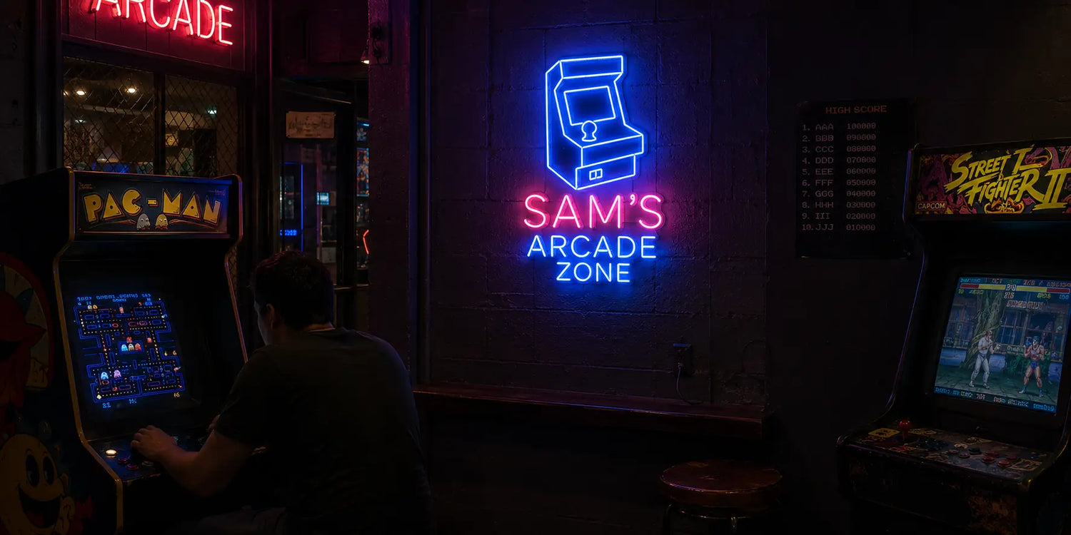 Retro gaming arcade with custom neon signs Pac Man arcade machine Street Fighter II cabinet and classic video game atmosphere