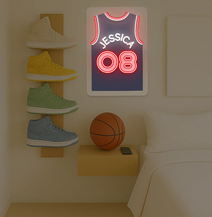 Atlanta basketball jersey neon sign with HUNTER 08 in yellow and red, bedroom decor with sneaker rack and basketball