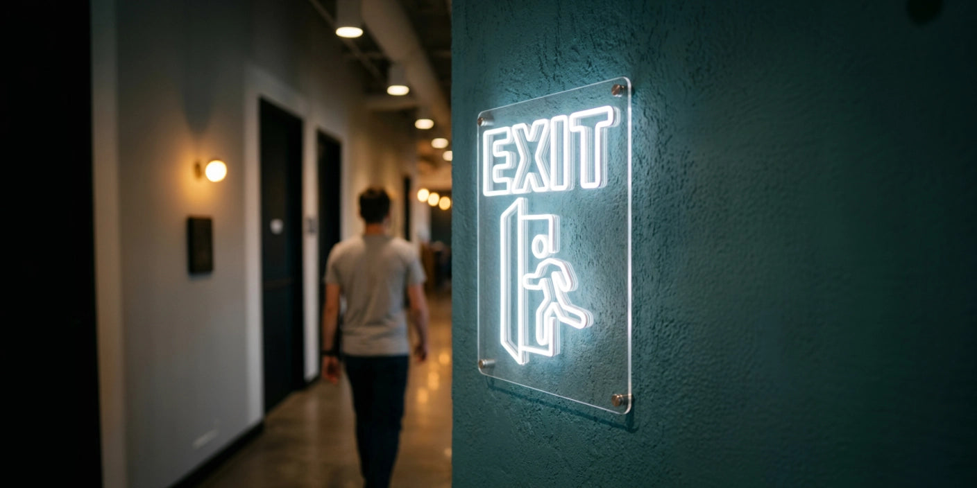 white exit neon sign on teal wall in modern hallway with blurred man walking away in the background