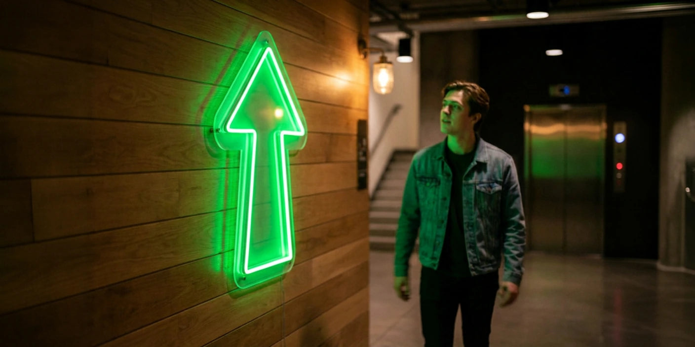 green upward arrow neon sign on wooden wall in modern lobby with man in denim jacket walking toward elevator in the background
