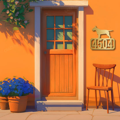 Bull Terrier House Number Plate Custom Metal Monogram in Golden color