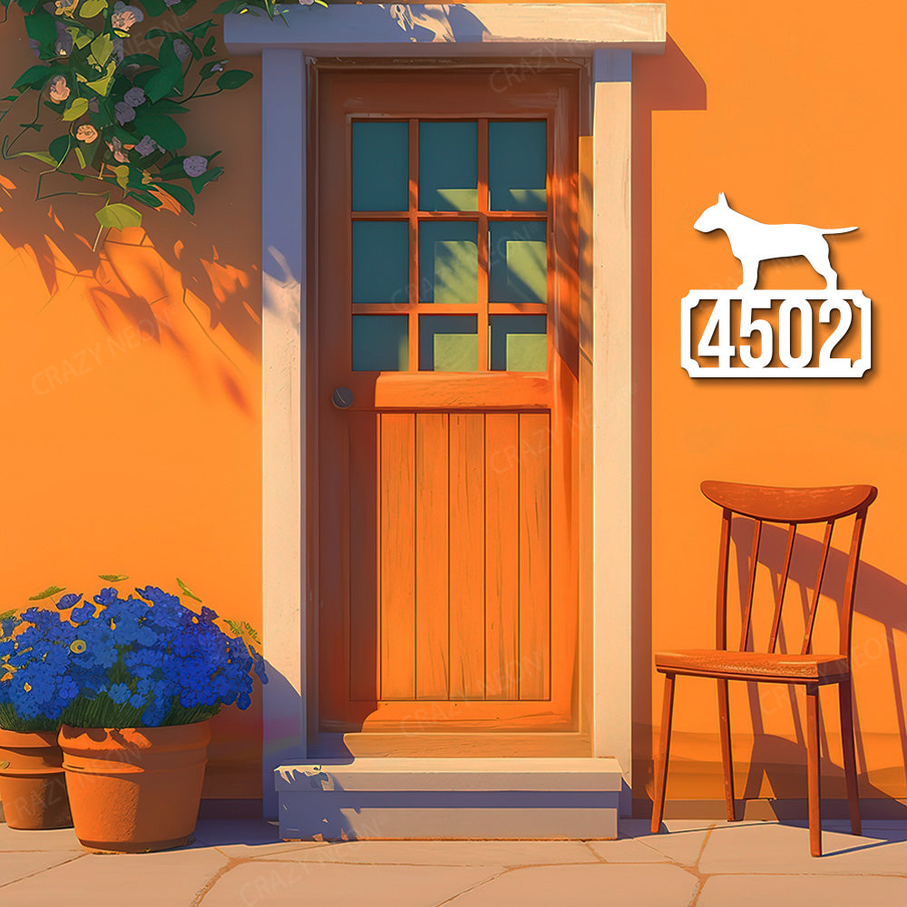 Bull Terrier House Number Plate Custom Metal Monogram in White Color 