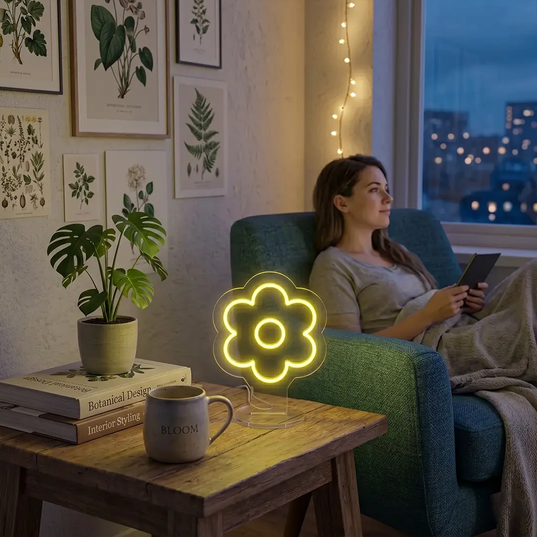 Flower-shaped neon desk lamp glowing with warm yellow light on a rustic wooden side table.