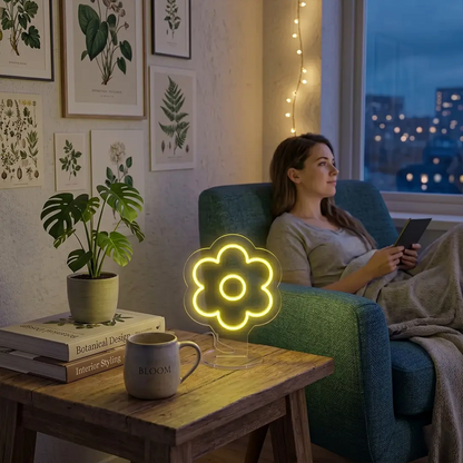 Flower-shaped neon desk lamp glowing with warm yellow light on a rustic wooden side table.