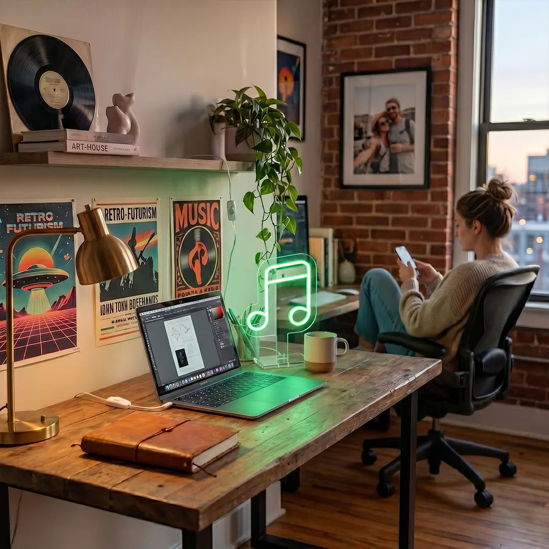 Green music note neon lamp on a creative workspace desk, adding a vibrant glow to a modern home office with music-inspired decor.