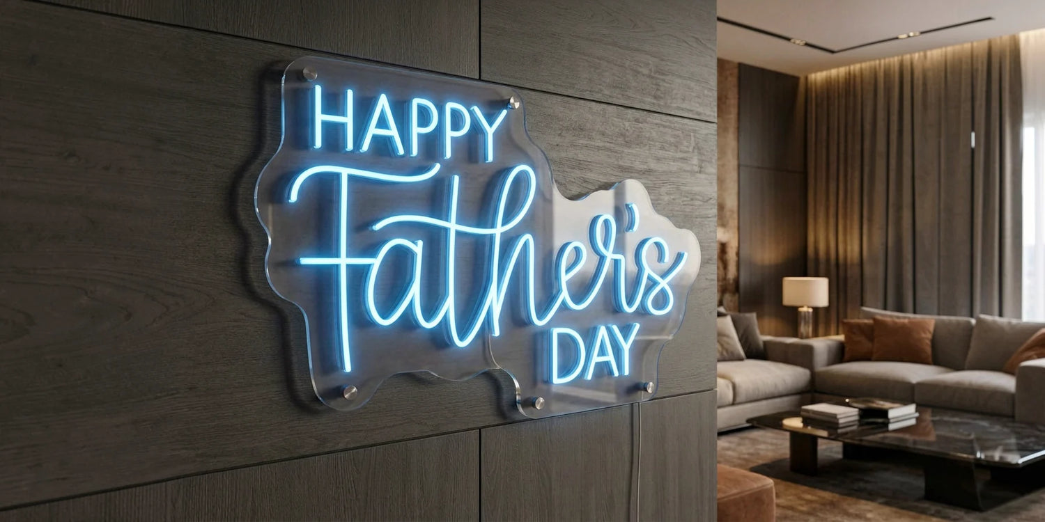 blue glowing HAPPY Fathers DAY neon sign mounted on dark wood wall in modern living