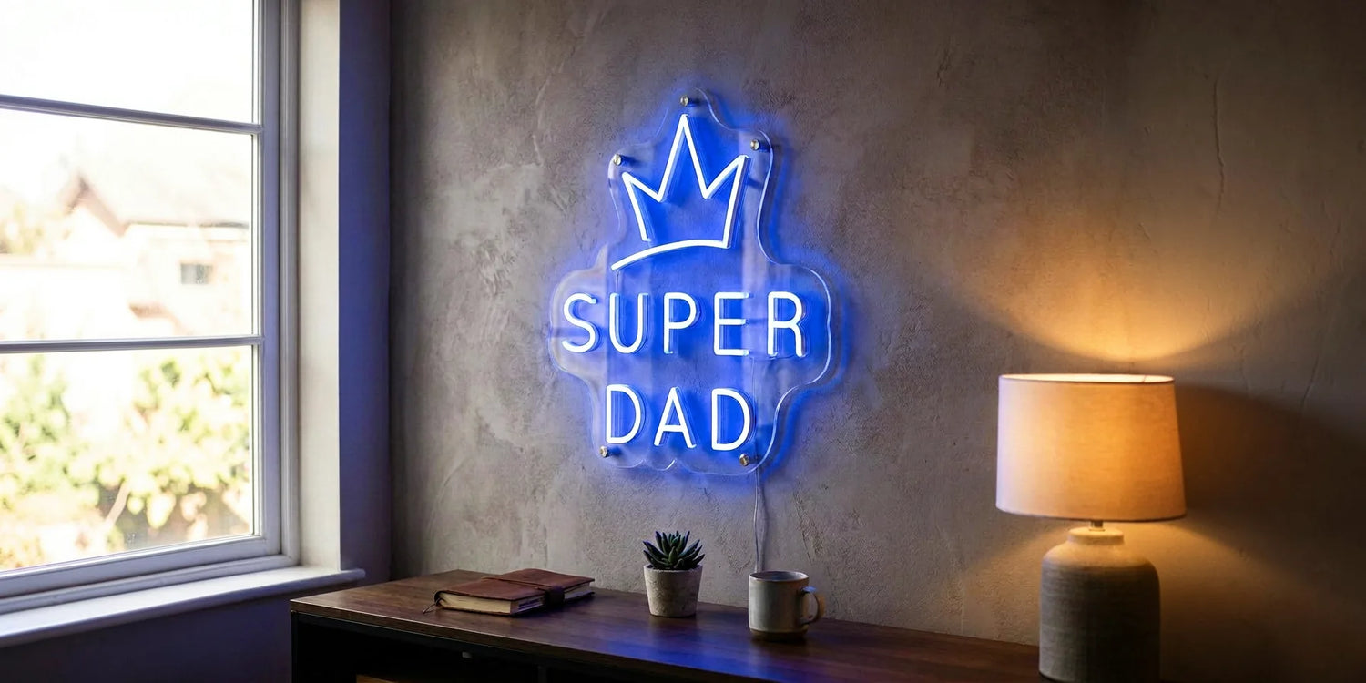 blue glowing SUPER DAD neon sign on textured wall in cozy room