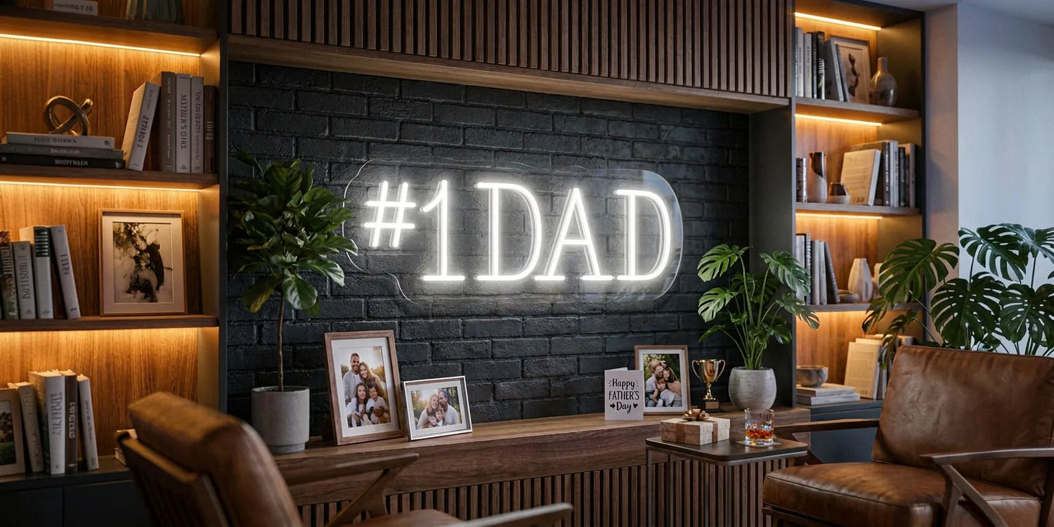 glowing white hashtag 1 DAD neon sign on black brick wall in cozy study with warm-lit bookshelves family photo frames potted plants leather chair and Fathers Day decor

