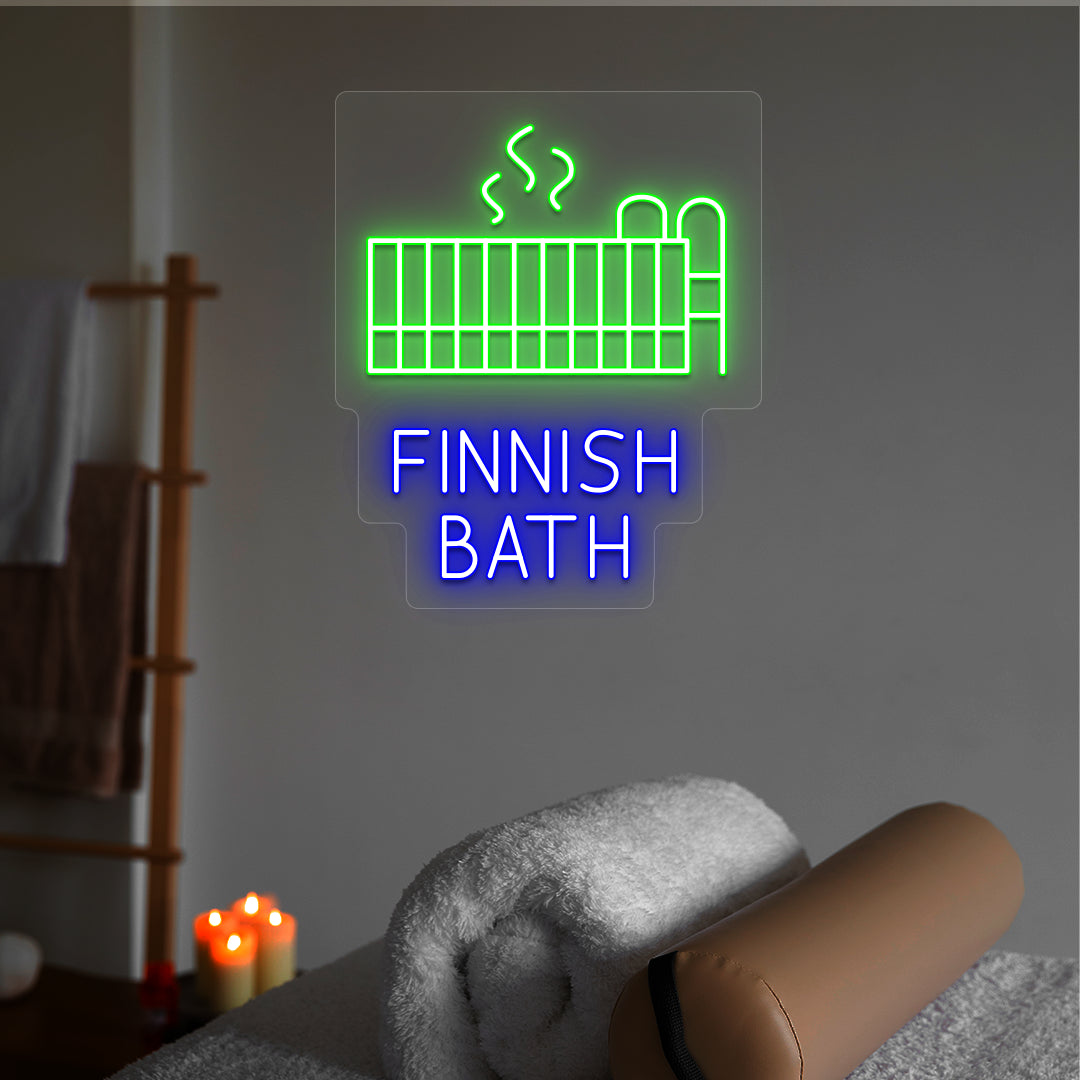 Finnish Bath neon sign in green and blue colors glowing in a spa room