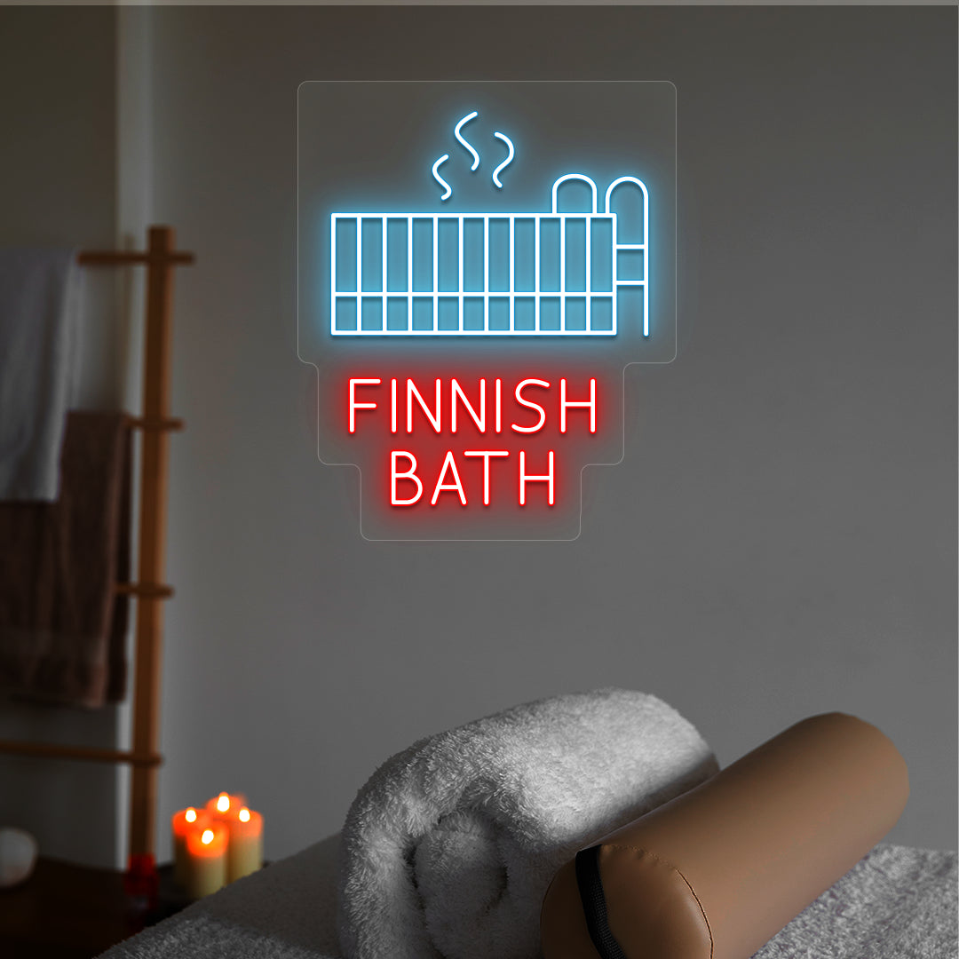 Finnish Bath neon sign in ice blue and red colors glowing in a spa room