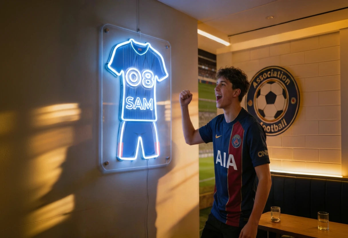 blue glowing football jersey neon sign with number 08 and SAM on transparent acrylic panel in a sports room with football wall art a fan badge and a man posing beside it