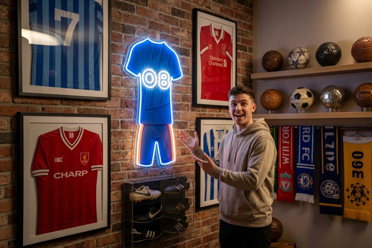 blue football jersey neon artwork with number 08 glowing on brick wall in a soccer memorabilia room surrounded by framed jerseys vintage balls scarves and a man presenting the sign