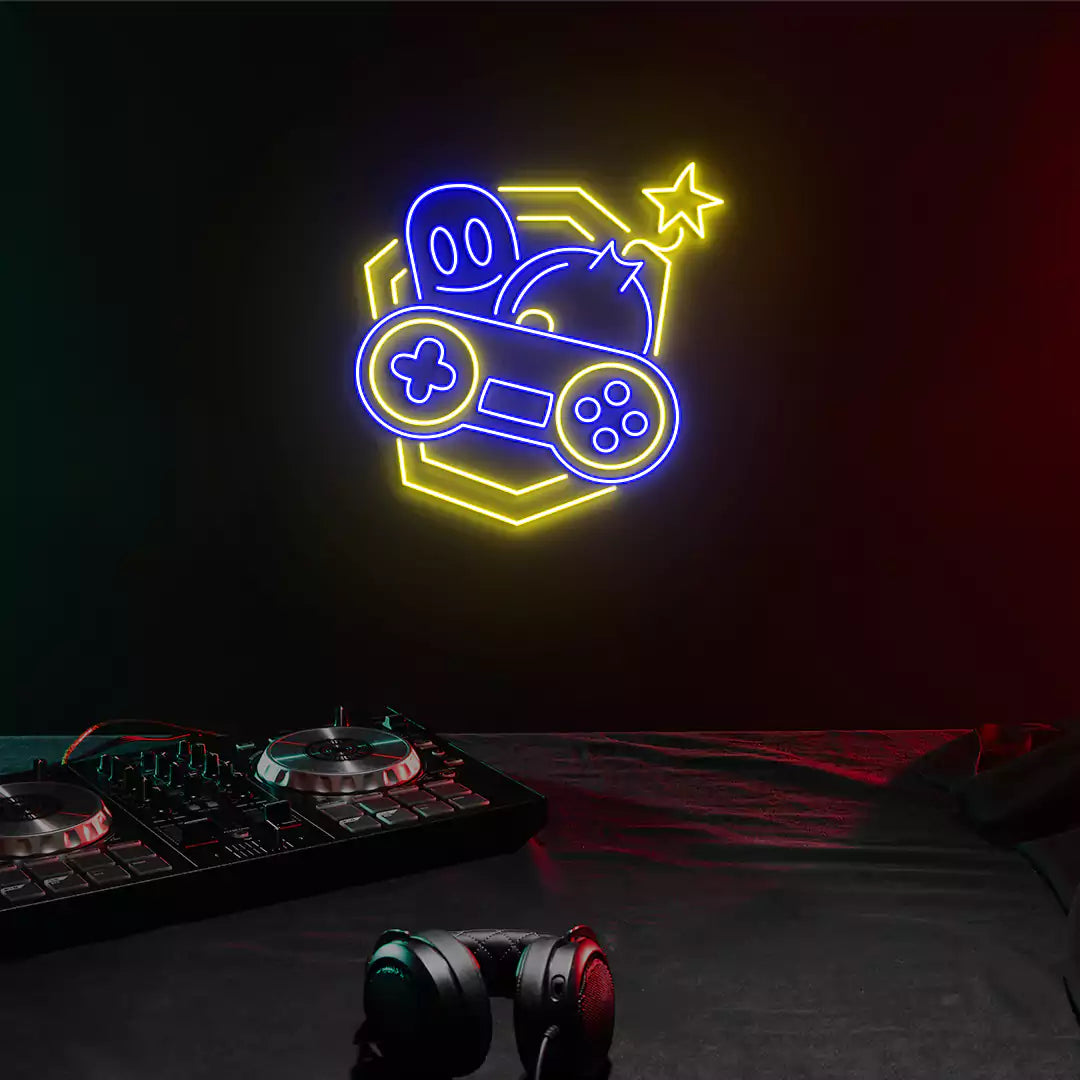 Retro Fun Game Controller Neon Sign in Blue and Yellow color mounted on wall 