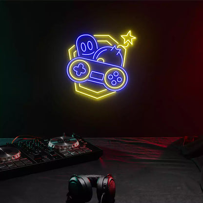 Retro Fun Game Controller Neon Sign in Blue and Yellow color mounted on wall 