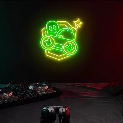 Retro Fun Game Controller Neon Sign in Green and Yellow color mounted on wall 