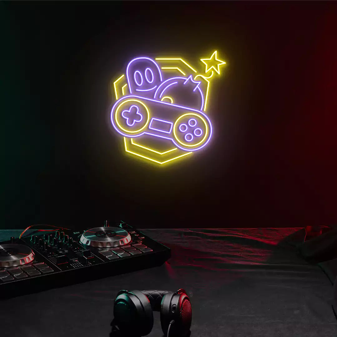 Retro Fun Game Controller Neon Sign in  Purple and Yellow color mounted on wall 