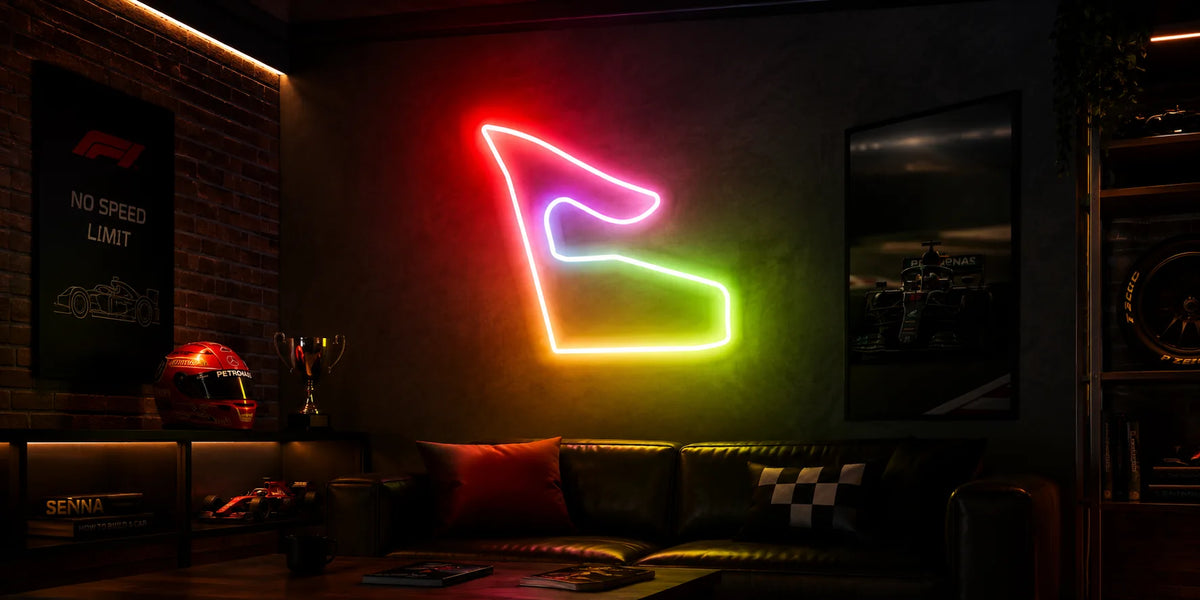 RGB Grand Prix Circuit Neon Sign in a motorsport-themed room with racing memorabilia