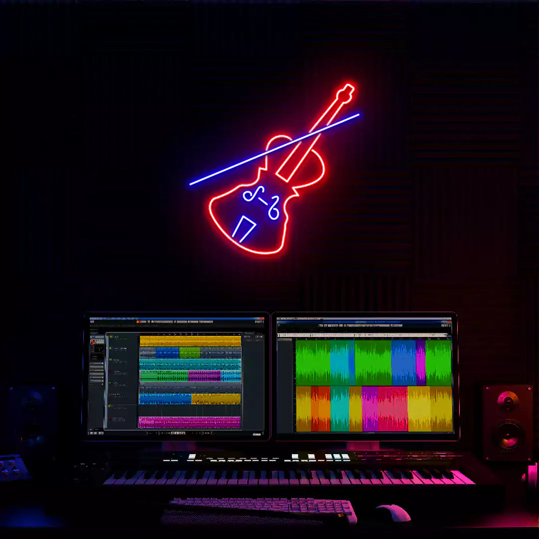 Violin Neon Sign in Blue and Red Colour mounted on Wall 
