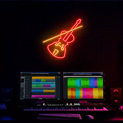 Violin Neon Sign in Orange and Red Colour mounted on Wall 