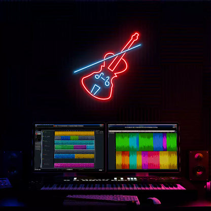 Violin Neon Sign in Ice Blue and Red Colour mounted on Wall 