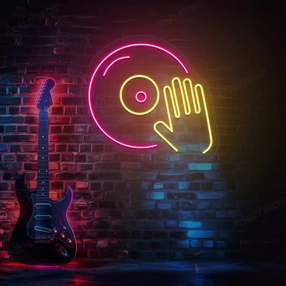 yellow and pink dj turntable neon sign mounted on a wall