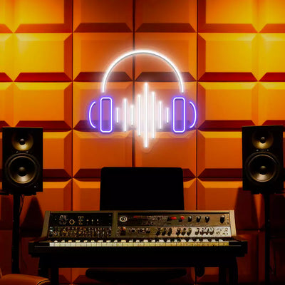 Headphones Sound Wave Neon Sign in Purple and White Colour mounted on wall