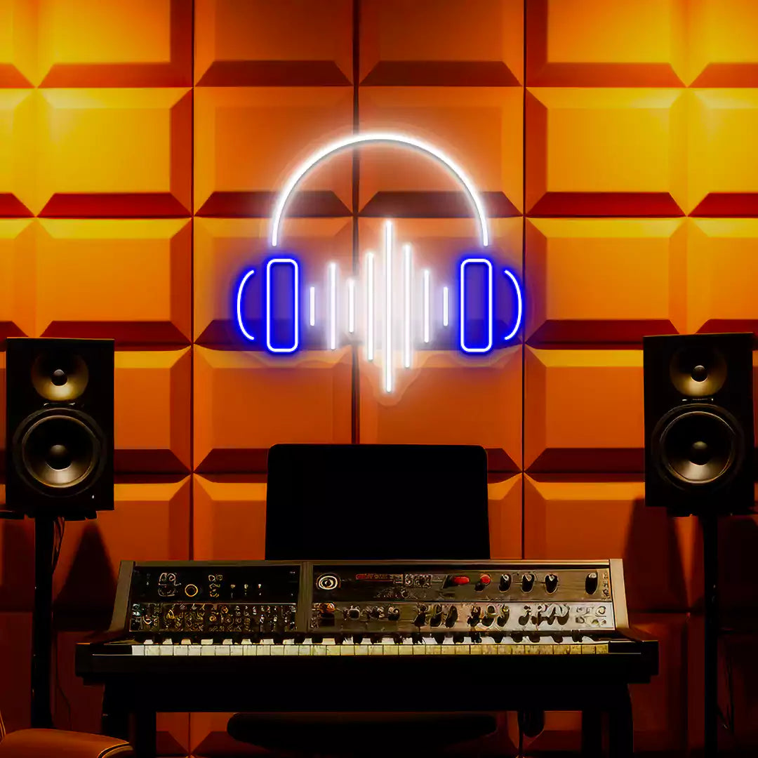 Headphones Sound Wave Neon Sign in Blue and White Colour mounted on wall