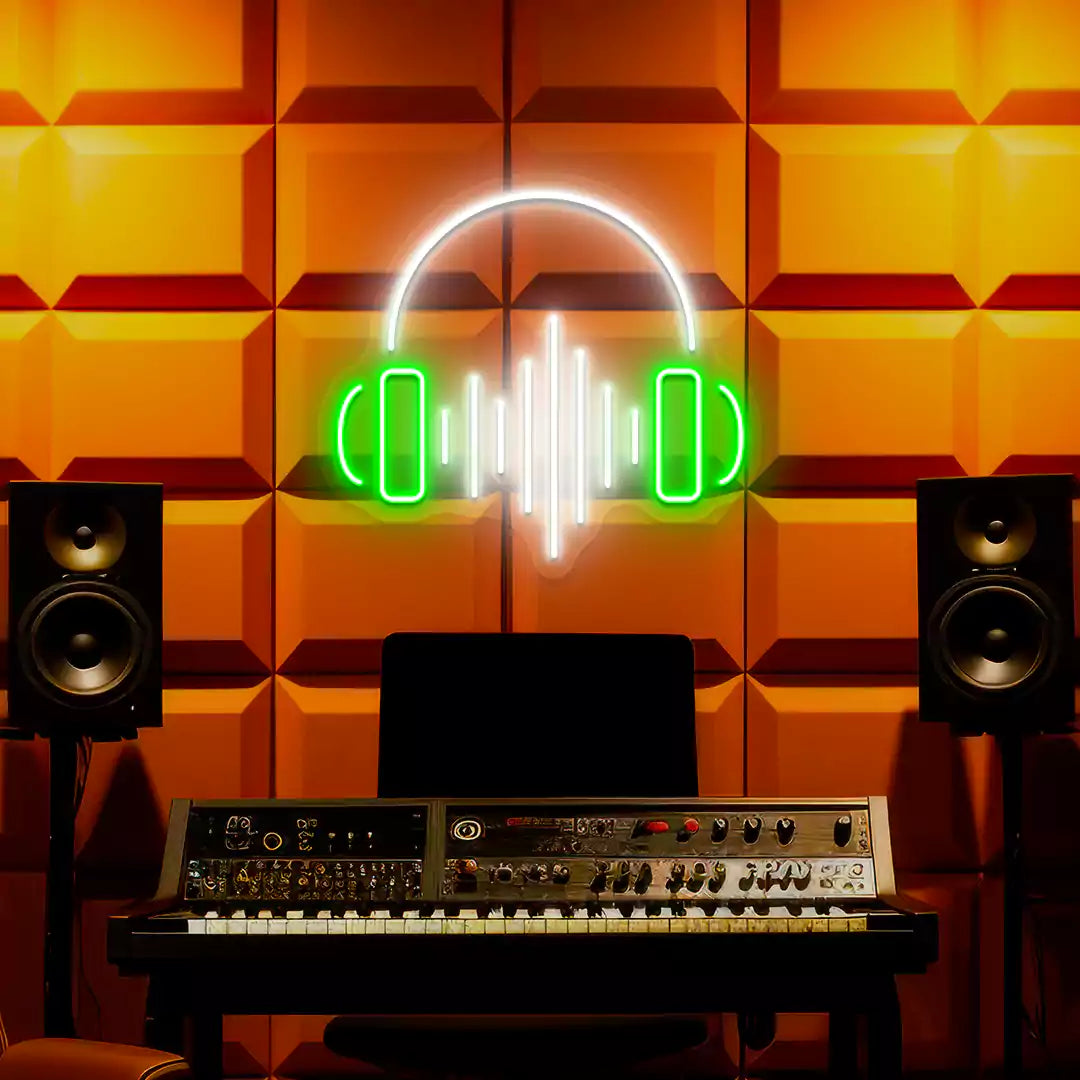 Headphones Sound Wave Neon Sign in Green and White Colour mounted on wall