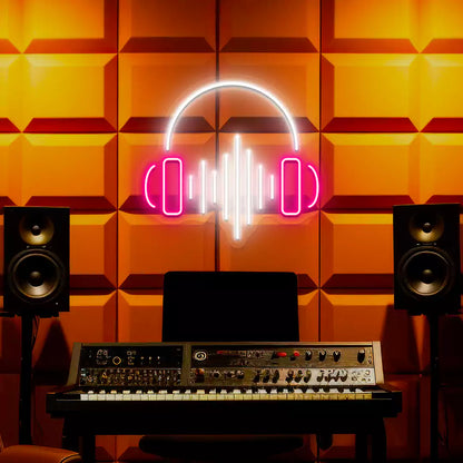 Headphones Sound Wave Neon Sign in Pink and White Colour mounted on wall