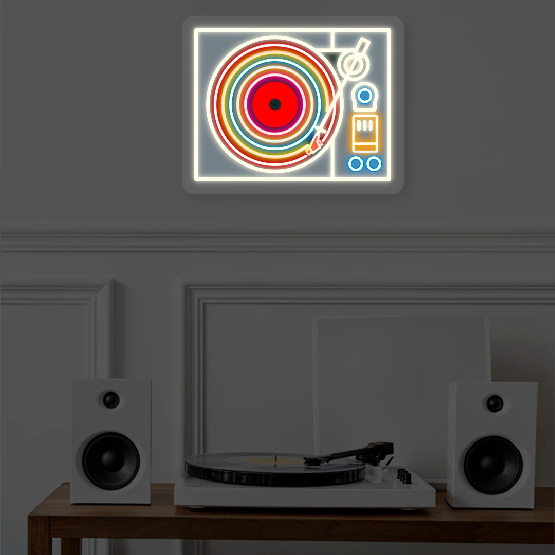 Vinyl Player Lit Neon Artwork mounted on Wall