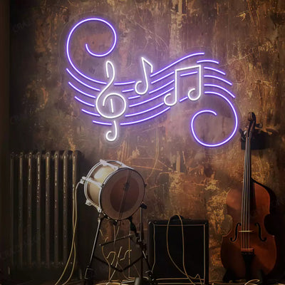 Treble Clef Neon Sign in white and purple colour mounted on wall