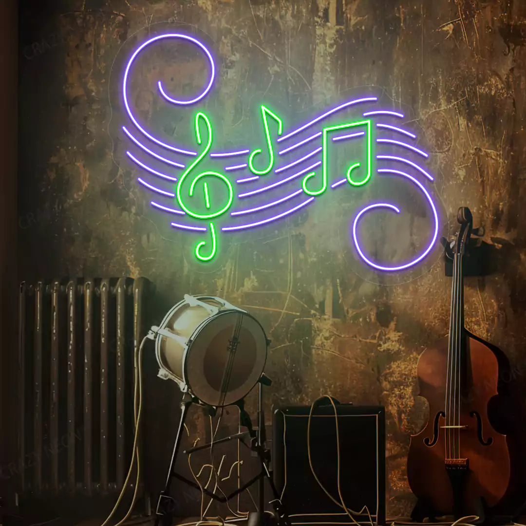 Treble Clef Neon Sign in Green and purple colour mounted on wall