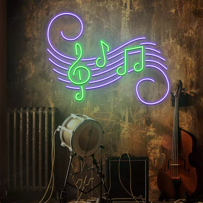 Treble Clef Neon Sign in Green and purple colour mounted on wall