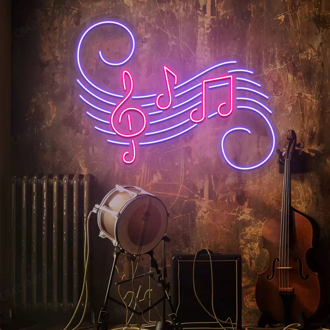 Treble Clef Neon Sign in Pink and purple colour mounted on wall