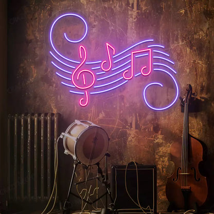 Treble Clef Neon Sign in Pink and purple colour mounted on wall