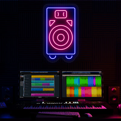blue and pink speaker neon sign mounted on a wall