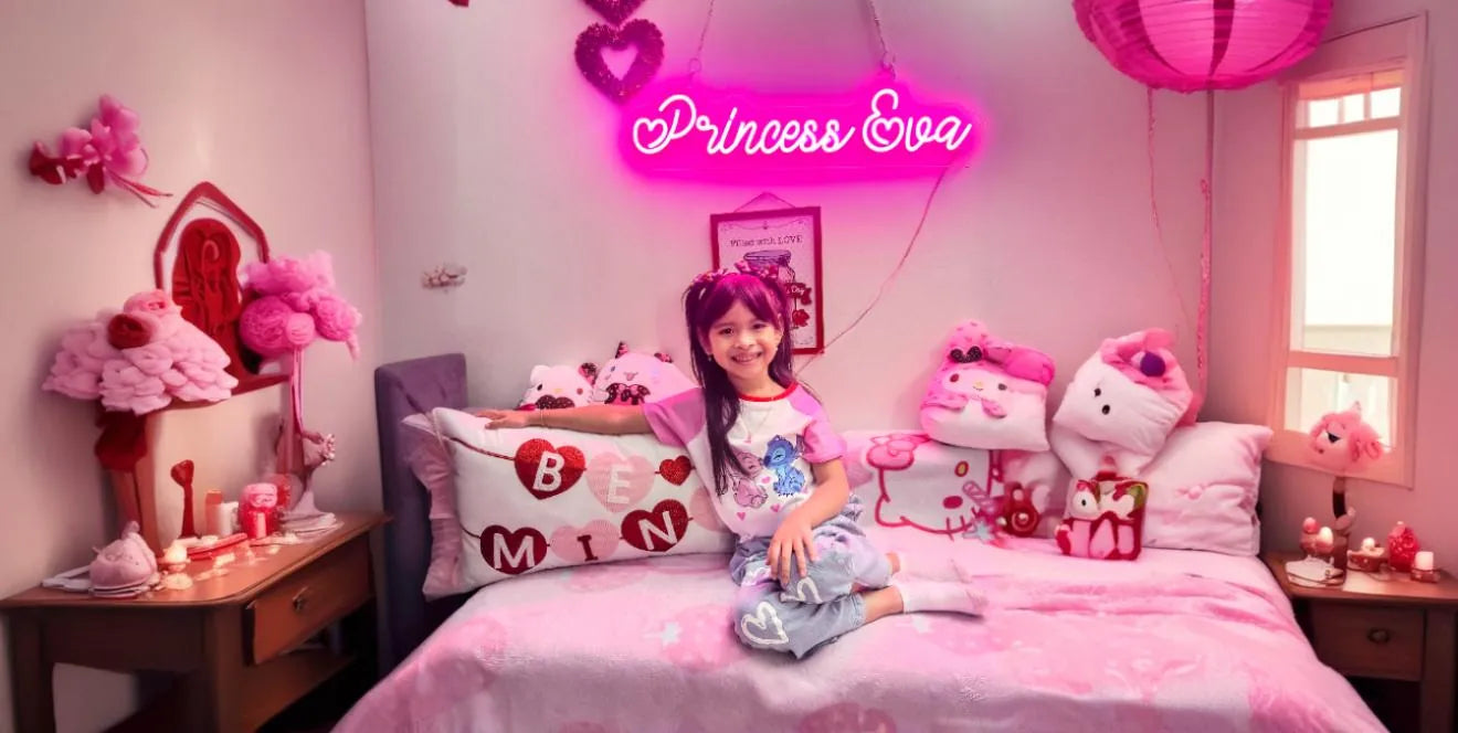 Young girl in pink-themed bedroom with Princess Eva neon sign