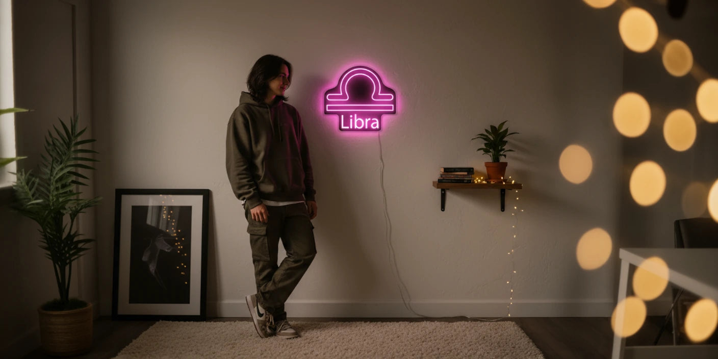 Man in hoodie standing under neon Libra zodiac sign in modern room 