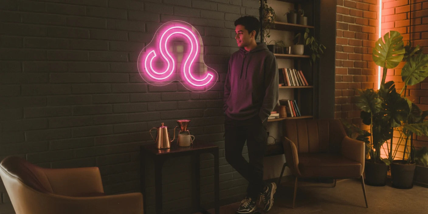 Man in purple hoodie standing under neon Leo zodiac sign on dark wall
