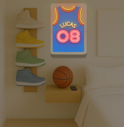 Oklahoma basketball jersey neon sign with LUCAS 08 in red and yellow, bedroom sneaker rack and basketball decor