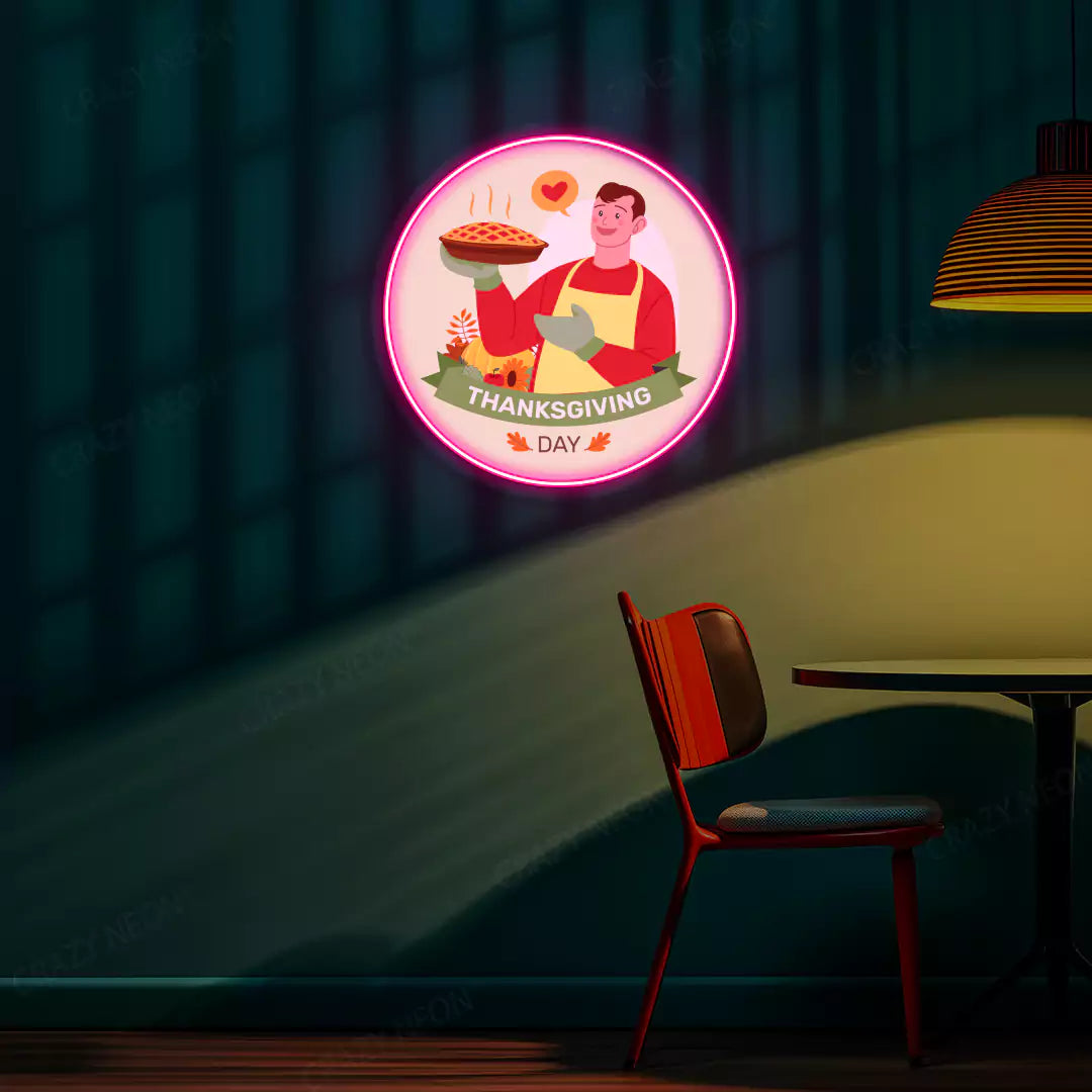 Thanksgiving chef with fresh baked pie neon sign in pink